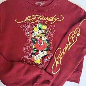 Ed Hardy Graphic Crop Pullover Sweatshirt Shirt Red Small Rose Tattoo Y2K Retro